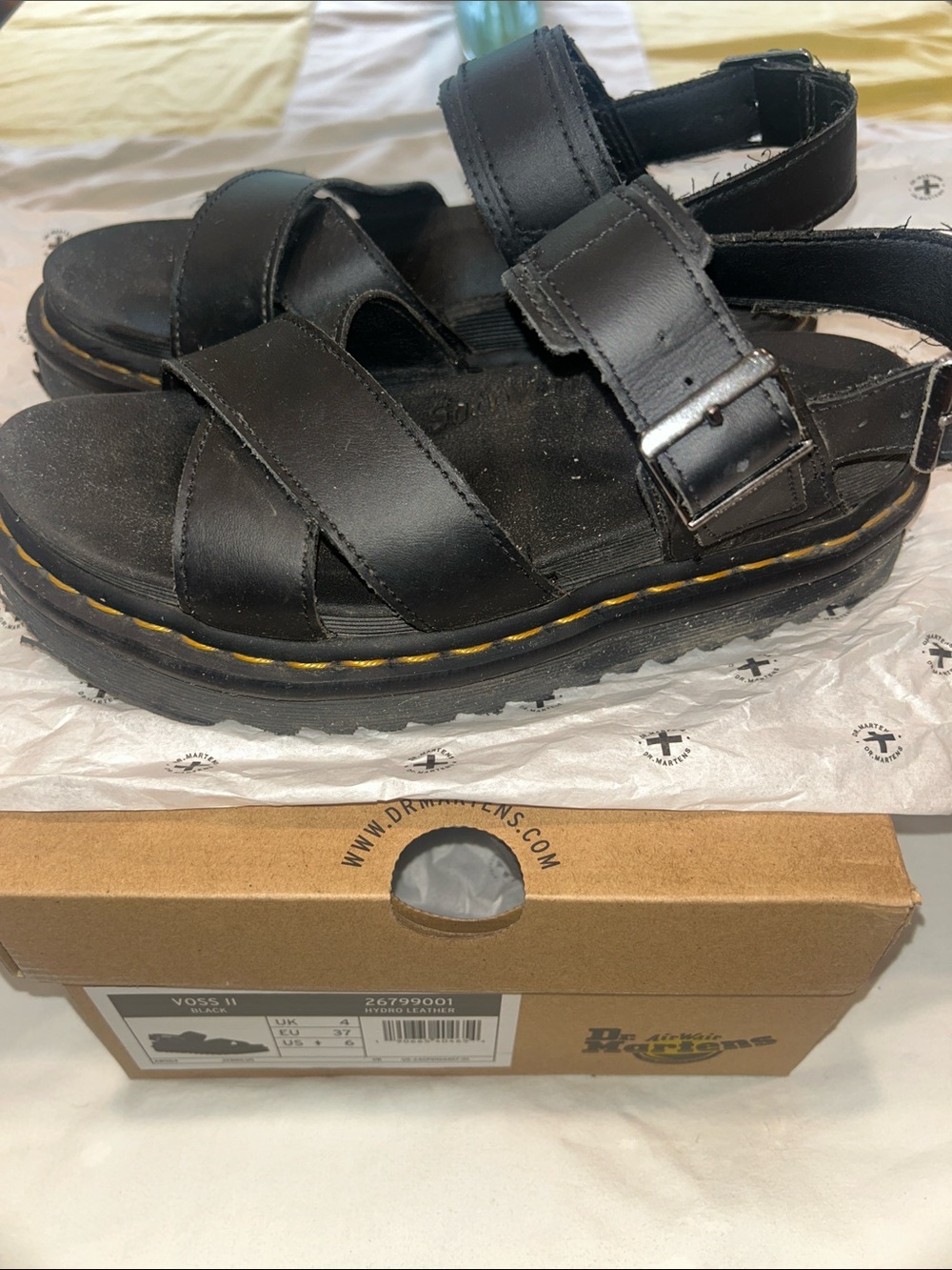 Dr. Martens Black Leather Platform Sandals with Yellow Welt Stitching